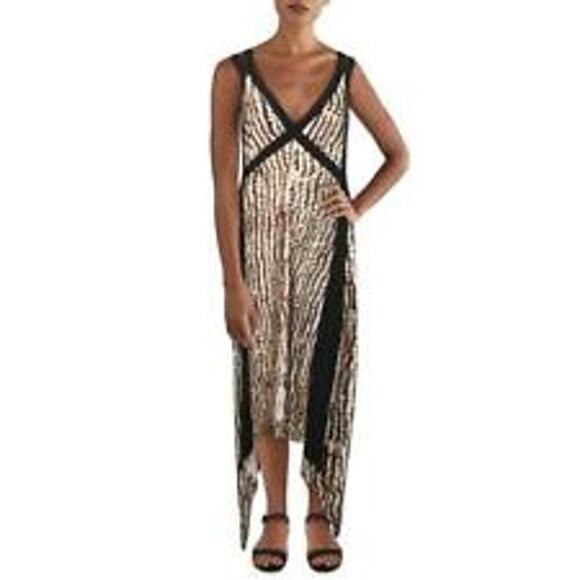 BCBGMAXAZRIA Black Printed Criss-Cross Back Hi-Low Midi Dress XS - Picture 1 of 7